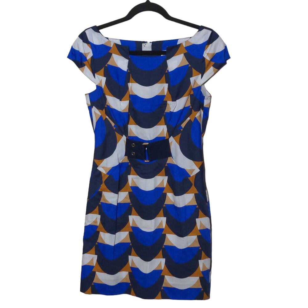 Milly Sheath Dress Blue White Geometric Belted Boat Neck Cap Sleeve Zip Sample 0